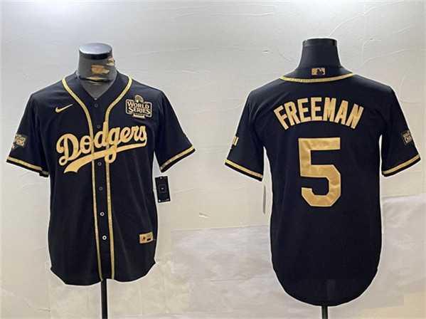 Mens Los Angeles Dodgers #5 Freddie Freeman Black Gold 2024 World Series Patch And Champions Patch Cool Base Stitched Jersey